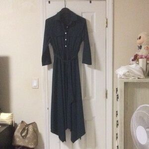 Dark Green Button-Front Midi Dress with Waist Tie